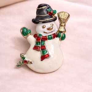 Vintage Snowman Christmas Brooch Pin Red Green Holly Scarf